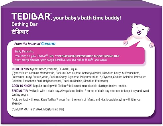 Tedibar Moisturising Baby Bathing Bar 100x2g (Pack of 1) 100% Soap Free No. 1* Pediatrician Prescribed Moisturising Bar - By Torrent Pharma