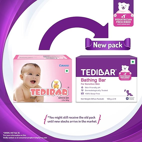 Tedibar Moisturising Baby Bathing Bar 100x2g (Pack of 1) 100% Soap Free No. 1* Pediatrician Prescribed Moisturising Bar - By Torrent Pharma